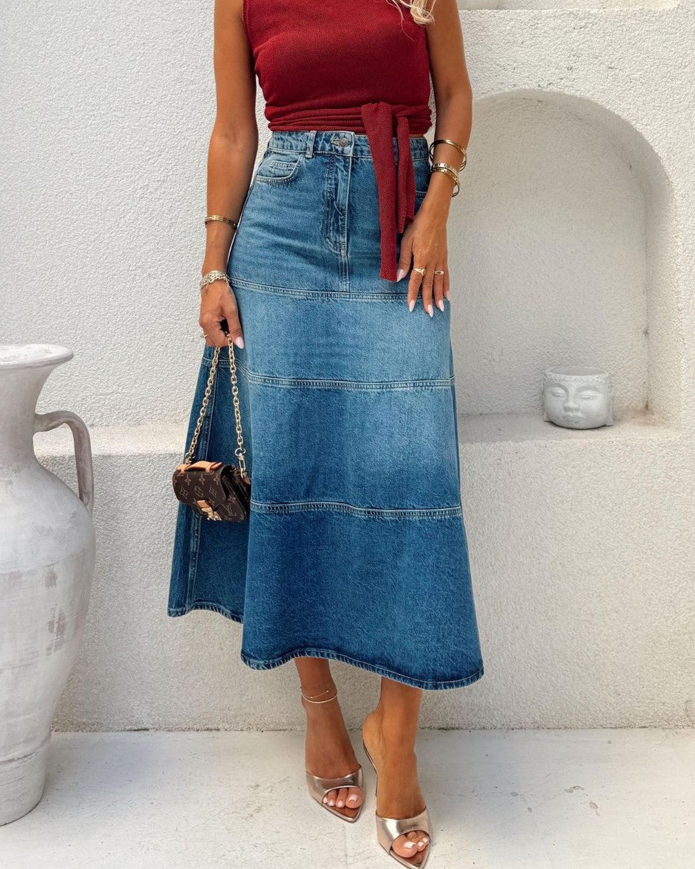 Tiered Denim Maxi Skirt High Waist - Blue
