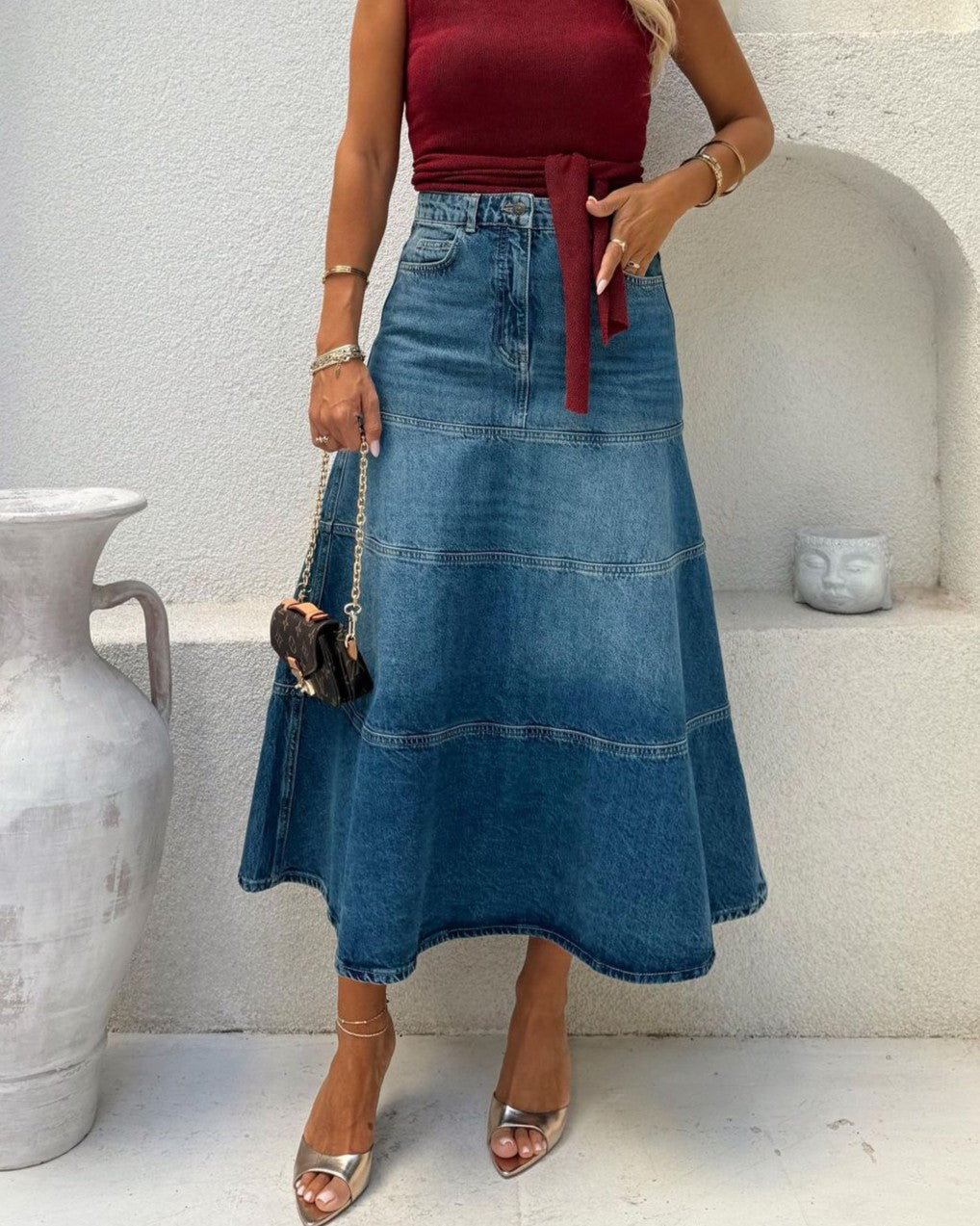 Tiered Denim Maxi Skirt High Waist - Blue - 1