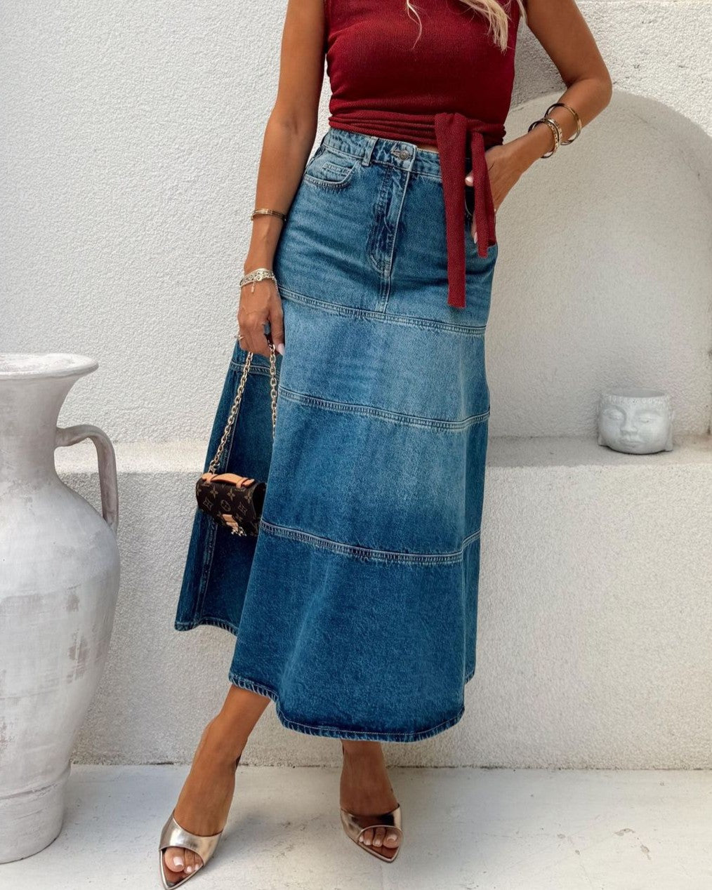 Tiered Denim Maxi Skirt High Waist - Blue - 2