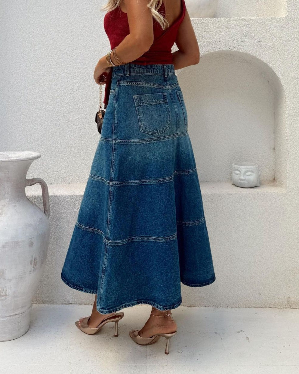 Tiered Denim Maxi Skirt High Waist - Blue - 3