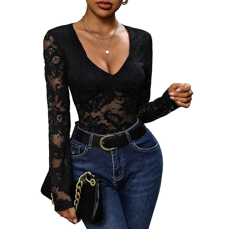 Floral Lace Sheer V Neck Long Sleeve Bodysuit
