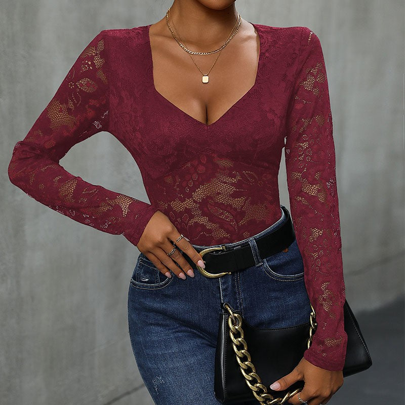 Floral Lace Sheer V Neck Long Sleeve Bodysuit