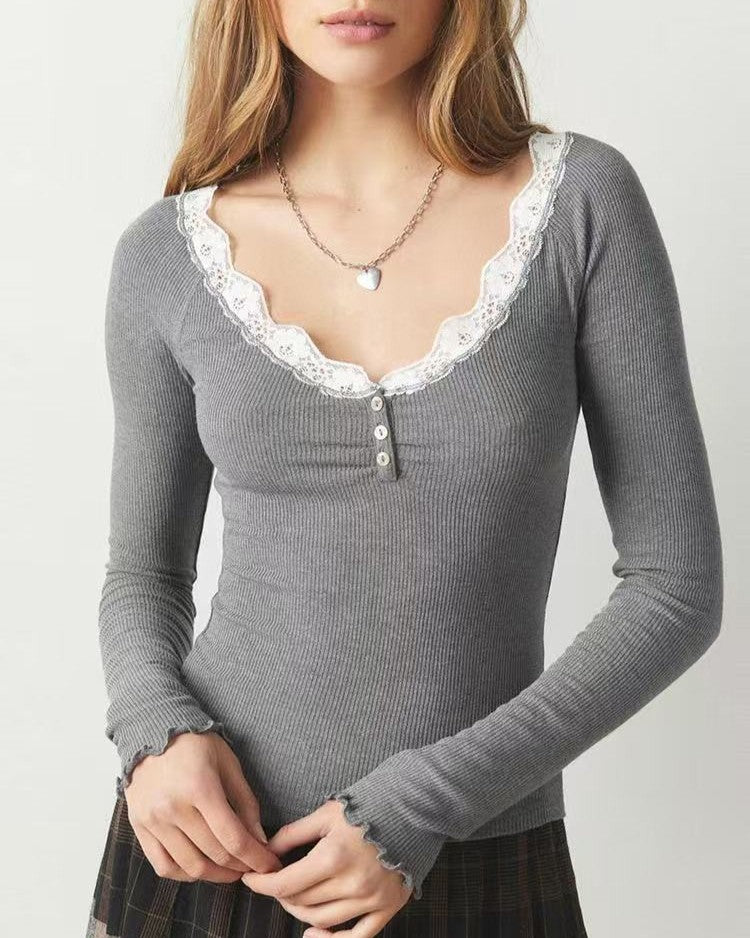Scalloped Lace Neck Henley Long Sleeve T-Shirt - Light_Grey