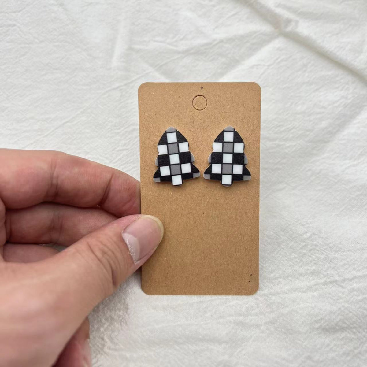 Patterned Christmas Tree Stud Earrings - BlackWhite