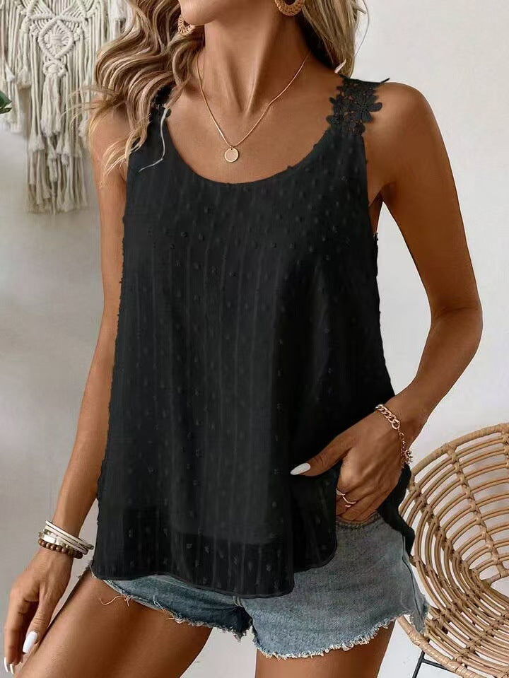 Floral Lace Strap Swiss Dot Tank Top - Black
