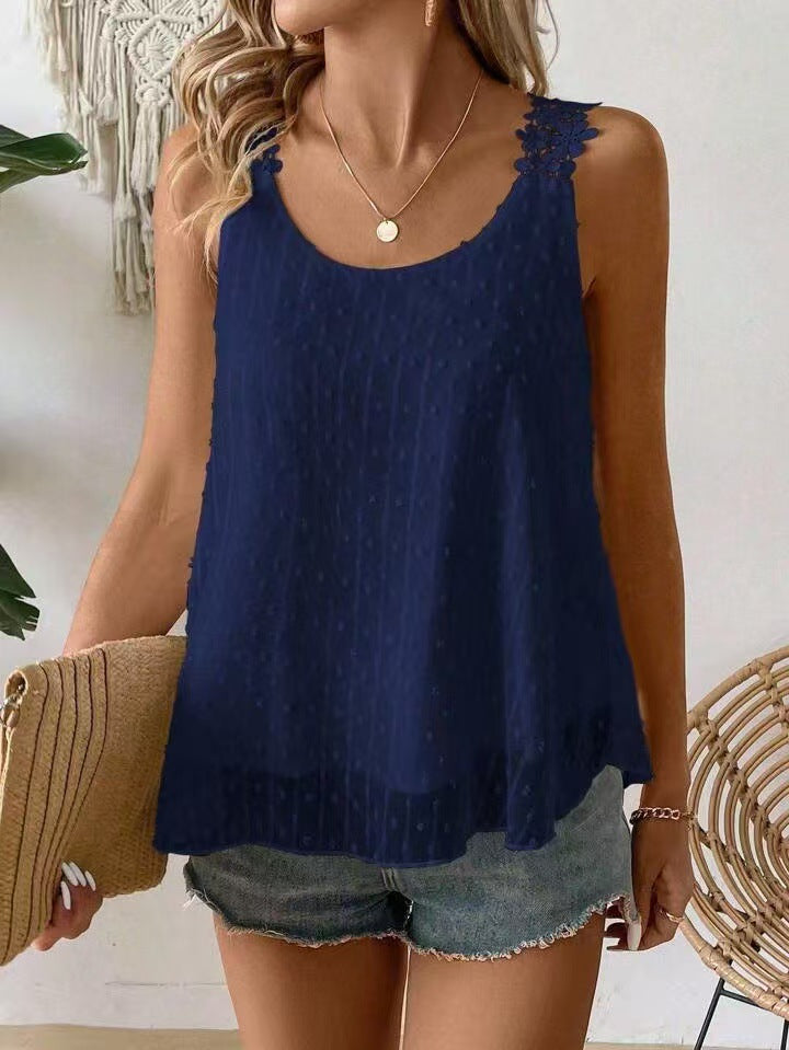 Floral Lace Strap Swiss Dot Tank Top - Navy