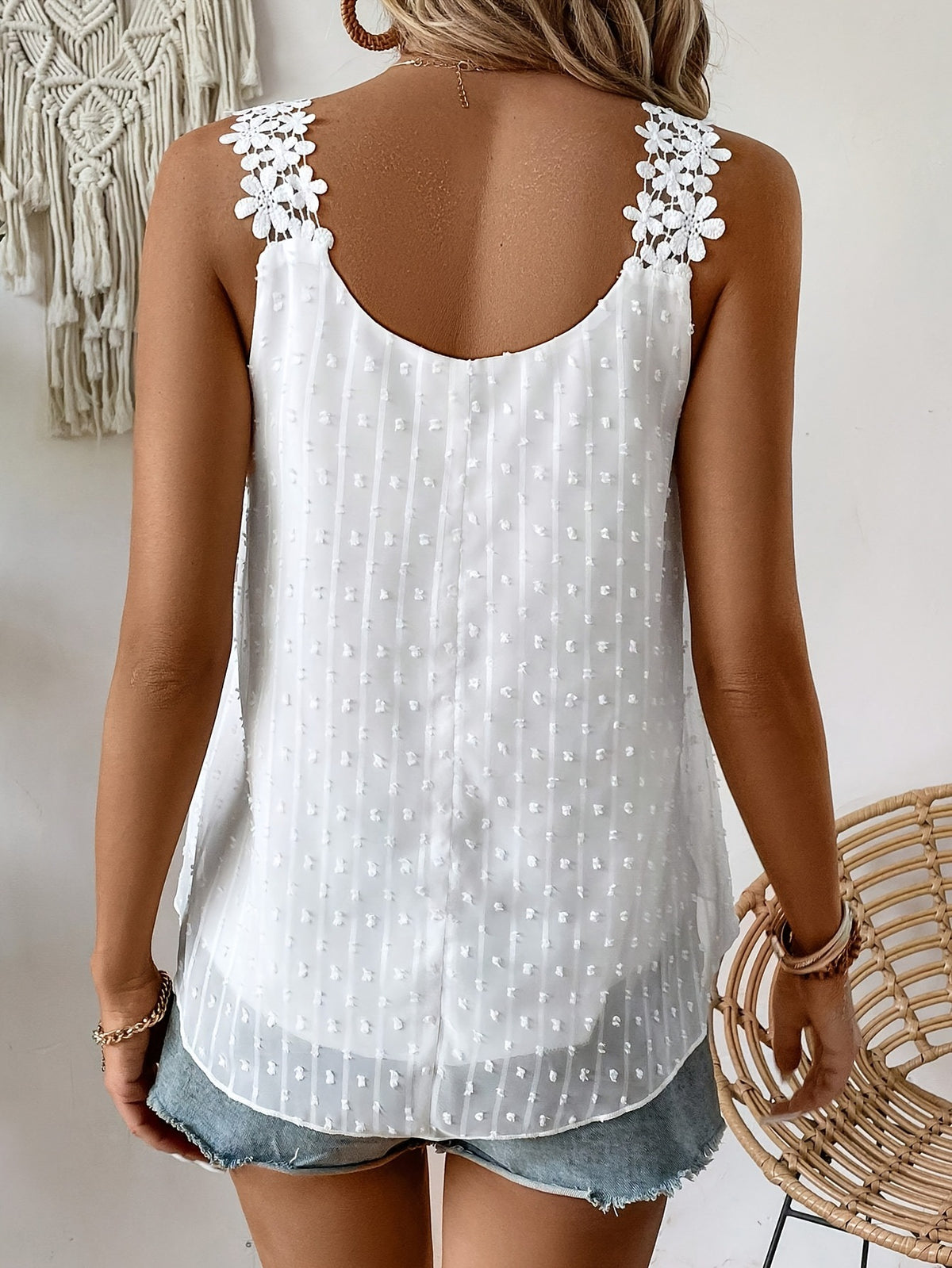 Floral Lace Strap Swiss Dot Tank Top - White - 4