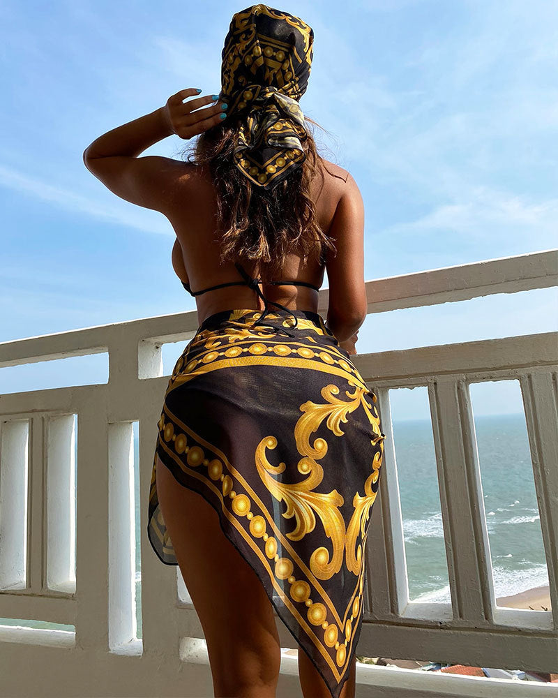 Baroque Print Bikini Sarong and Head Scarf Set - Black - 1