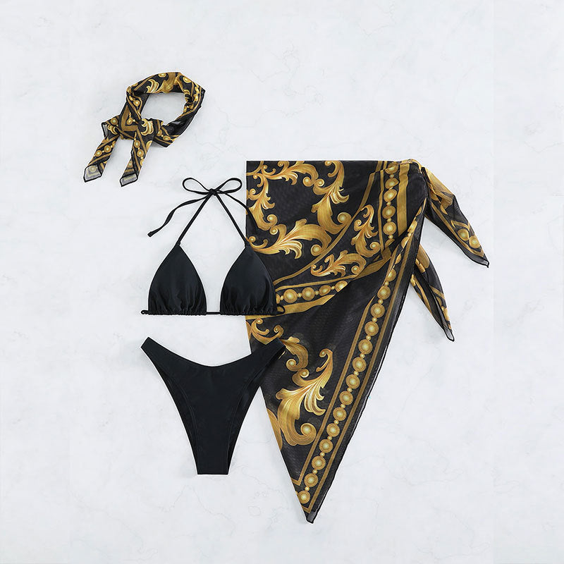 Baroque Print Bikini Sarong and Head Scarf Set - Black - 2
