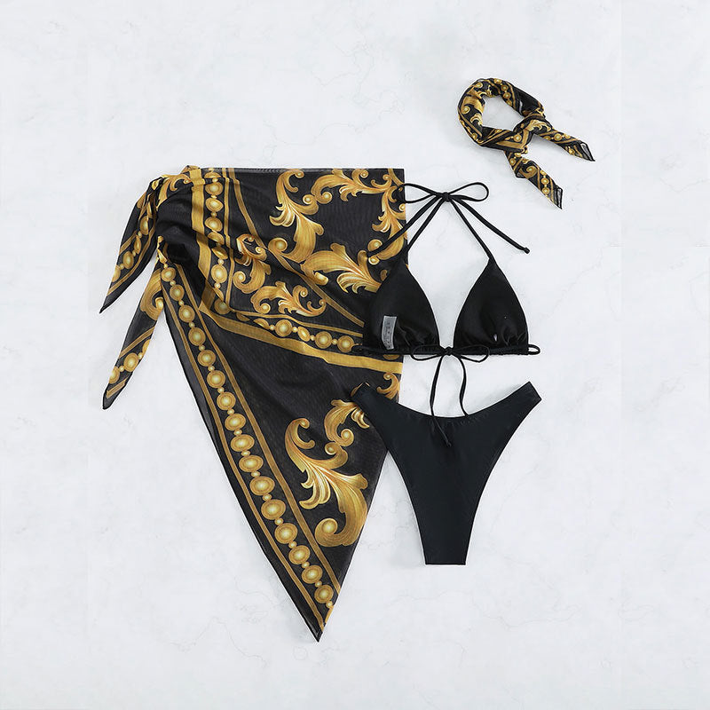 Baroque Print Bikini Sarong and Head Scarf Set - Black - 3
