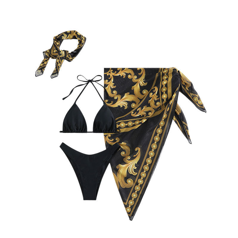 Baroque Print Bikini Sarong and Head Scarf Set - Black - 4