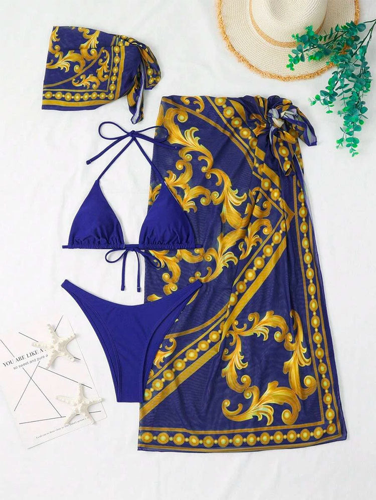 Baroque Print Bikini Sarong and Head Scarf Set - Blue