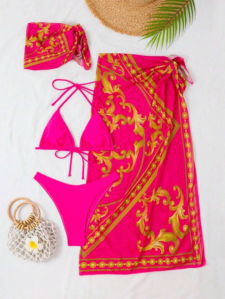 Baroque Print Bikini Sarong and Head Scarf Set - Hot_pink
