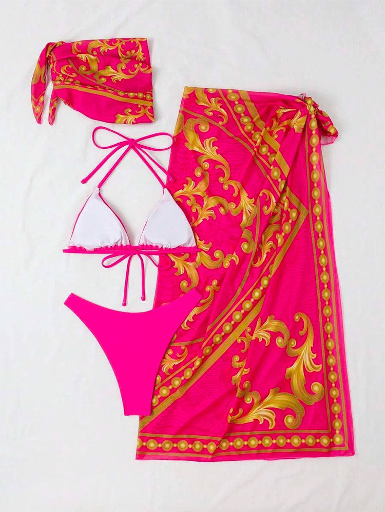 Baroque Print Bikini Sarong and Head Scarf Set - Hot_pink - 1