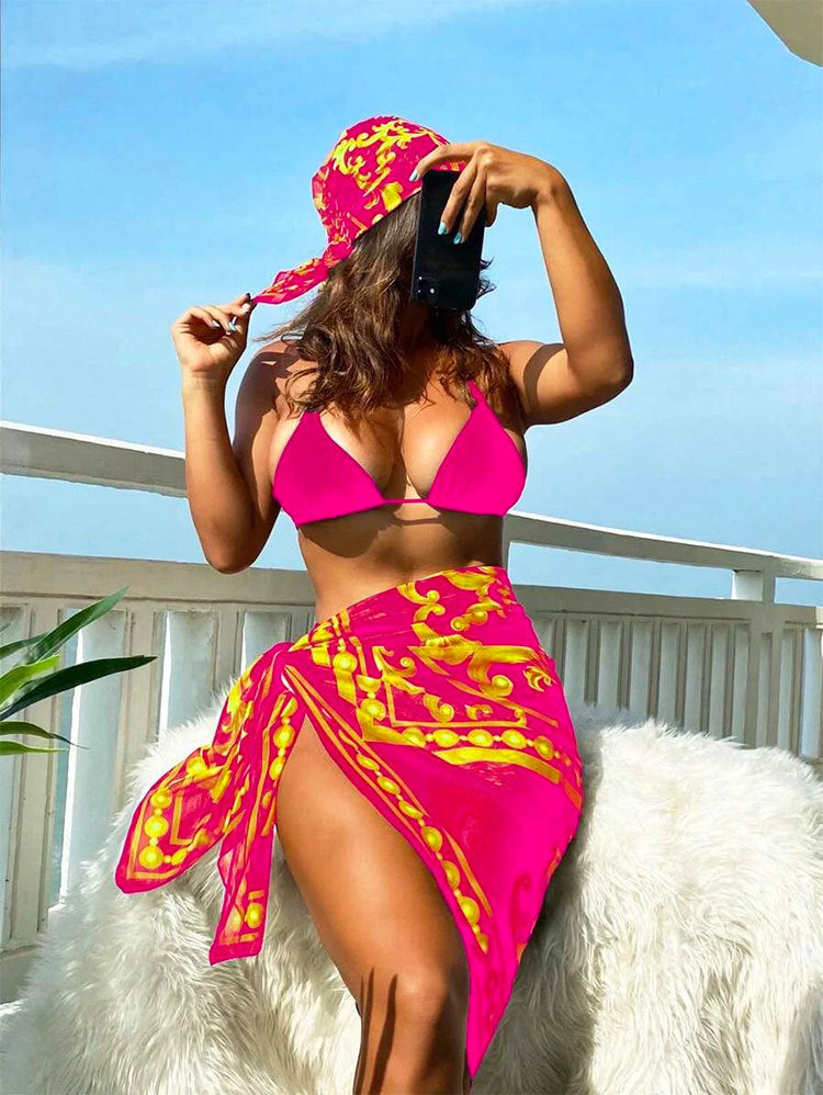 Baroque Print Bikini Sarong and Head Scarf Set - Hot_pink - 2