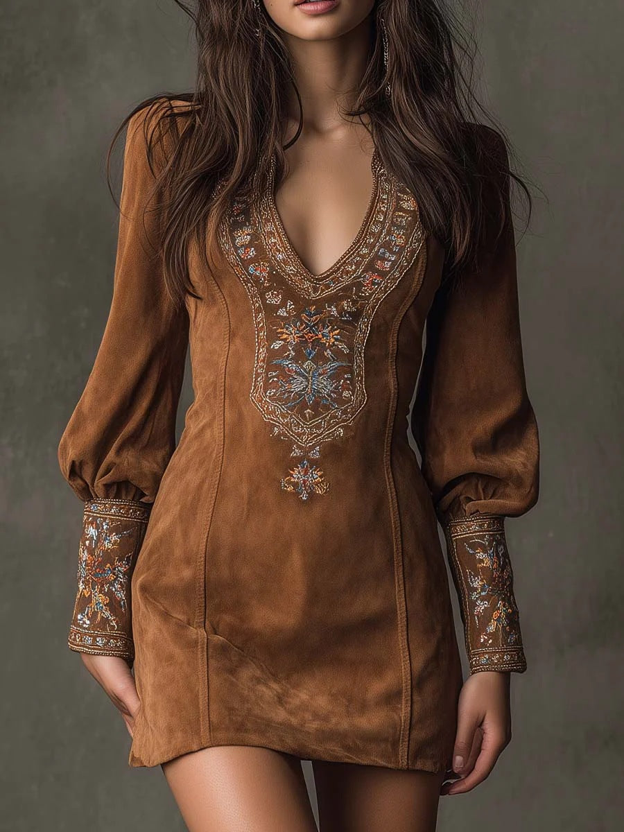 Embroidered V Neck Long Sleeve Mini Dress - Brown