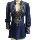 Embroidered V Neck Long Sleeve Mini Dress - Navyblue