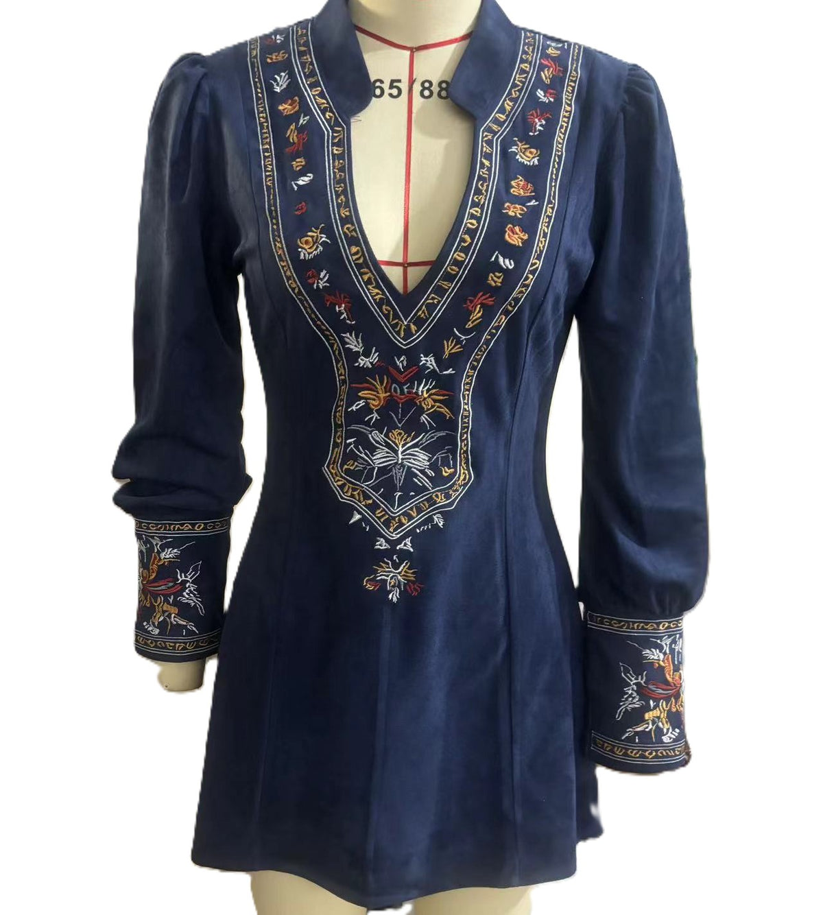 Embroidered V Neck Long Sleeve Mini Dress - Navyblue