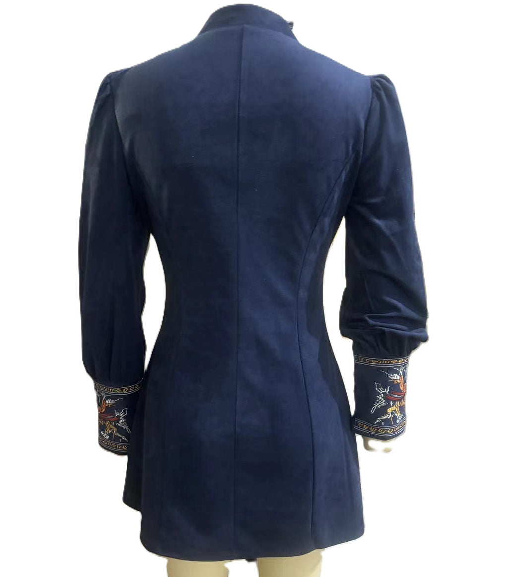 Embroidered V Neck Long Sleeve Mini Dress - Navyblue - 1