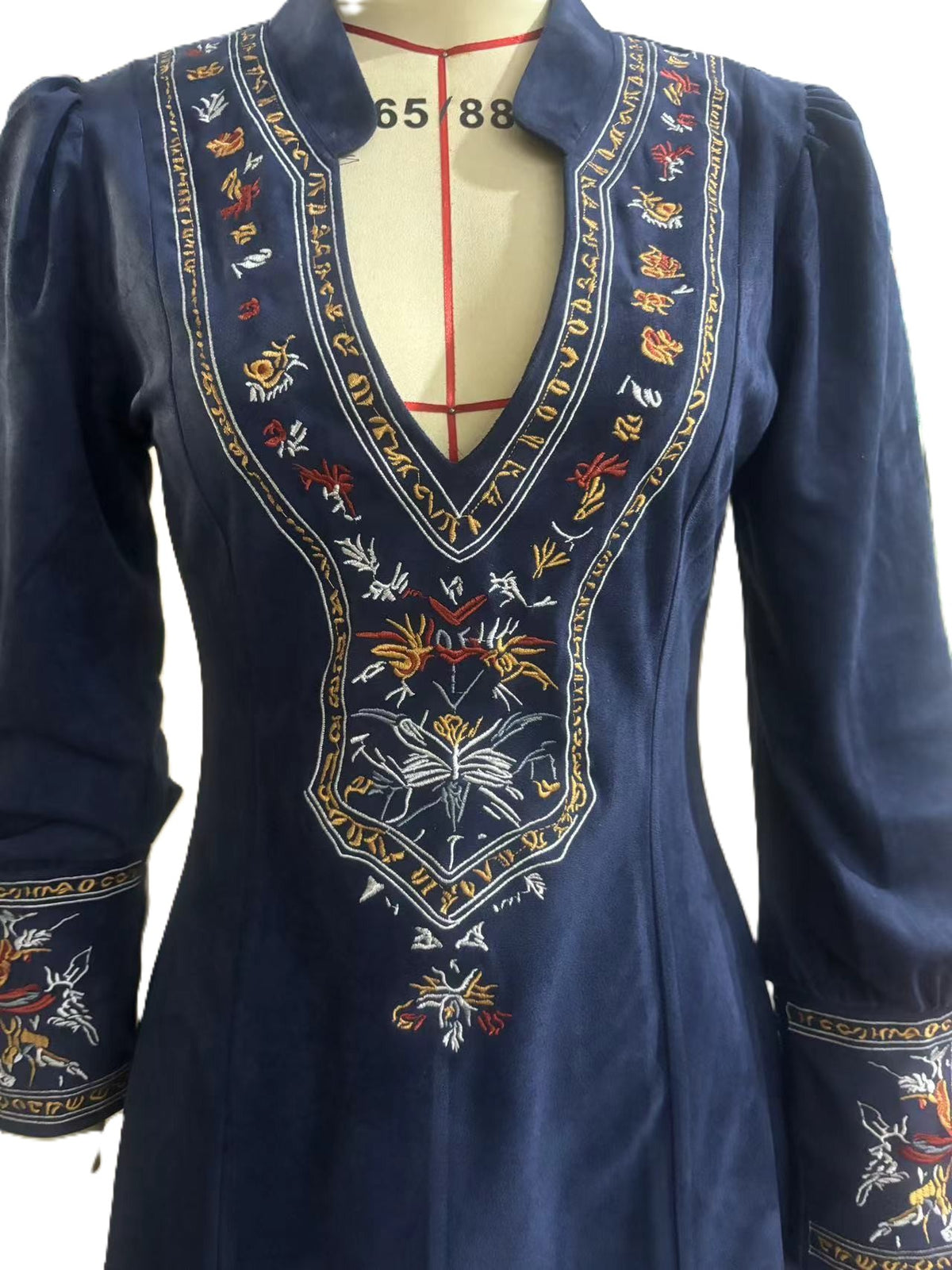 Embroidered V Neck Long Sleeve Mini Dress - Navyblue - 2