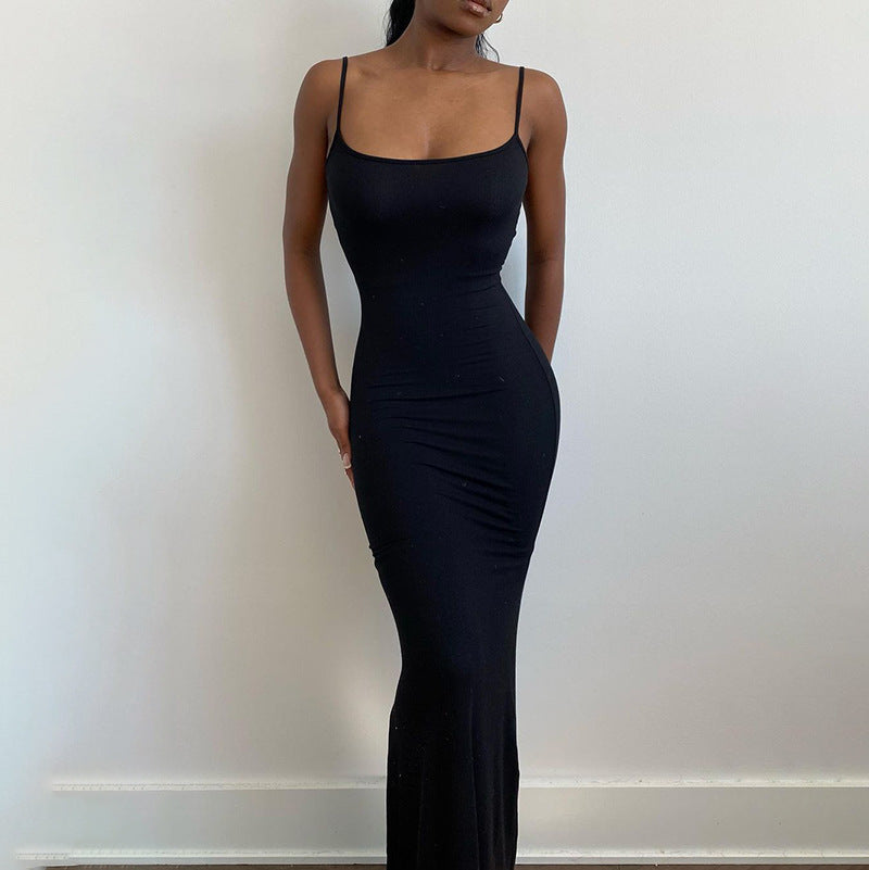 Square Neck Bodycon Maxi Slip Dress - Black