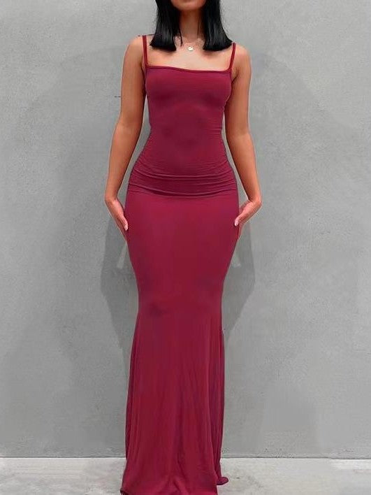 Square Neck Bodycon Maxi Slip Dress - Red