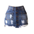 Distressed Button Front Denim Mini Skirt - Blue