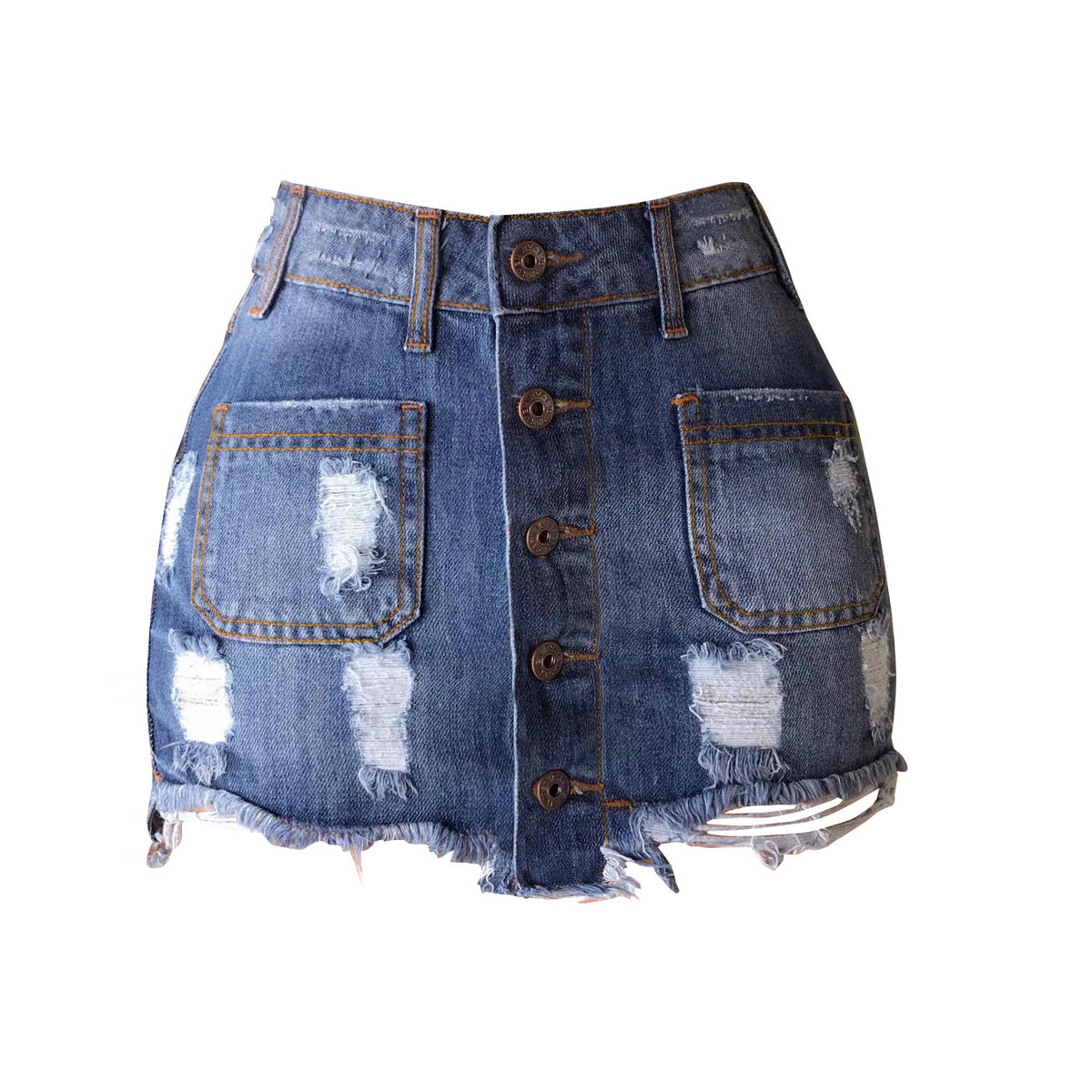 Distressed Button Front Denim Mini Skirt - Blue