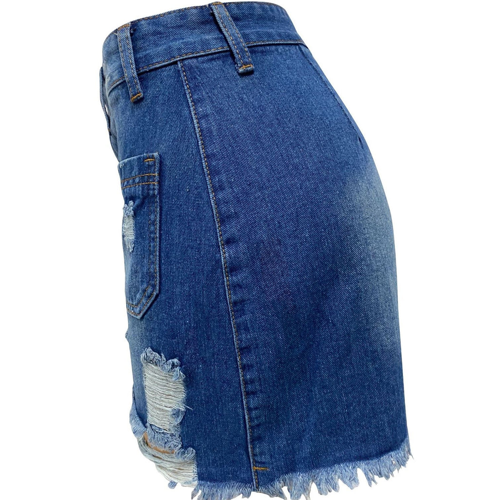 Distressed Button Front Denim Mini Skirt - Blue - 1