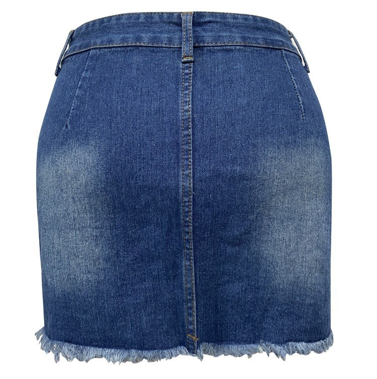 Distressed Button Front Denim Mini Skirt - Blue - 2