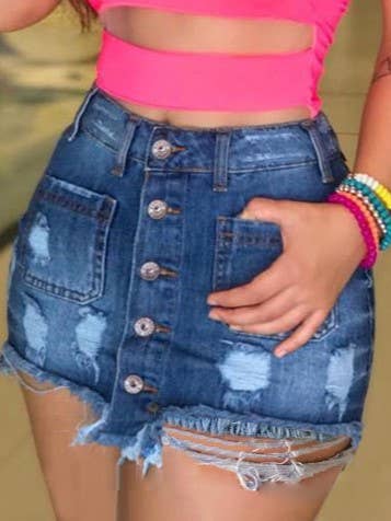 Distressed Button Front Denim Mini Skirt