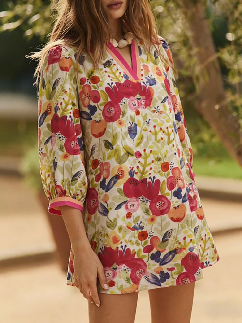 Floral Print Mini Dress with Contrast Trim - Floral