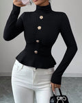 Buttoned Turtleneck Peplum Fitted Top - Black