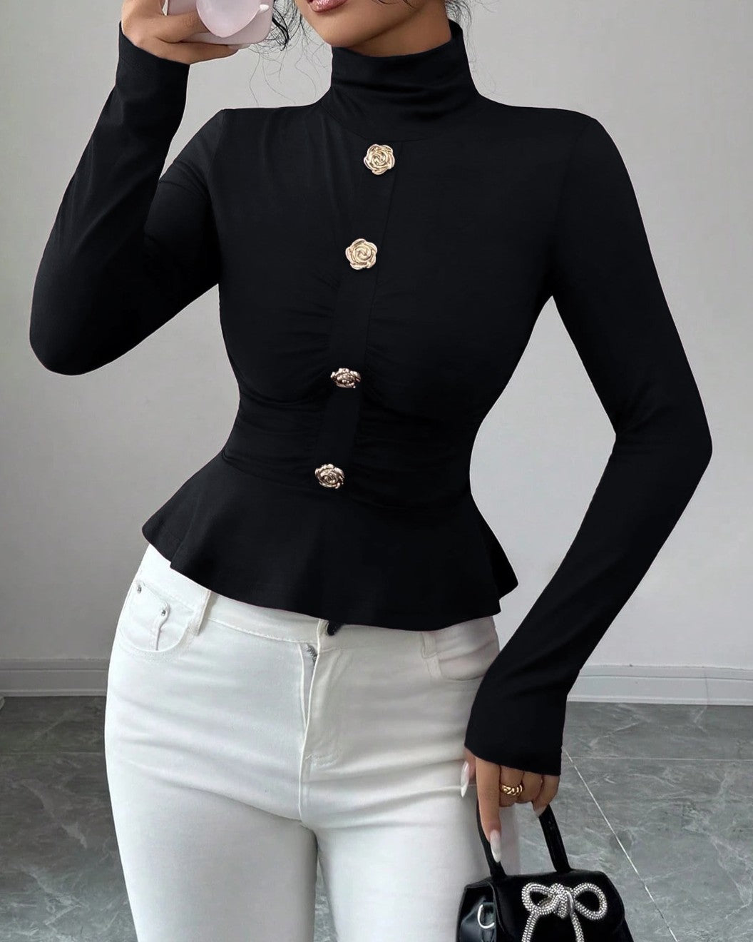 Buttoned Turtleneck Peplum Fitted Top - Black