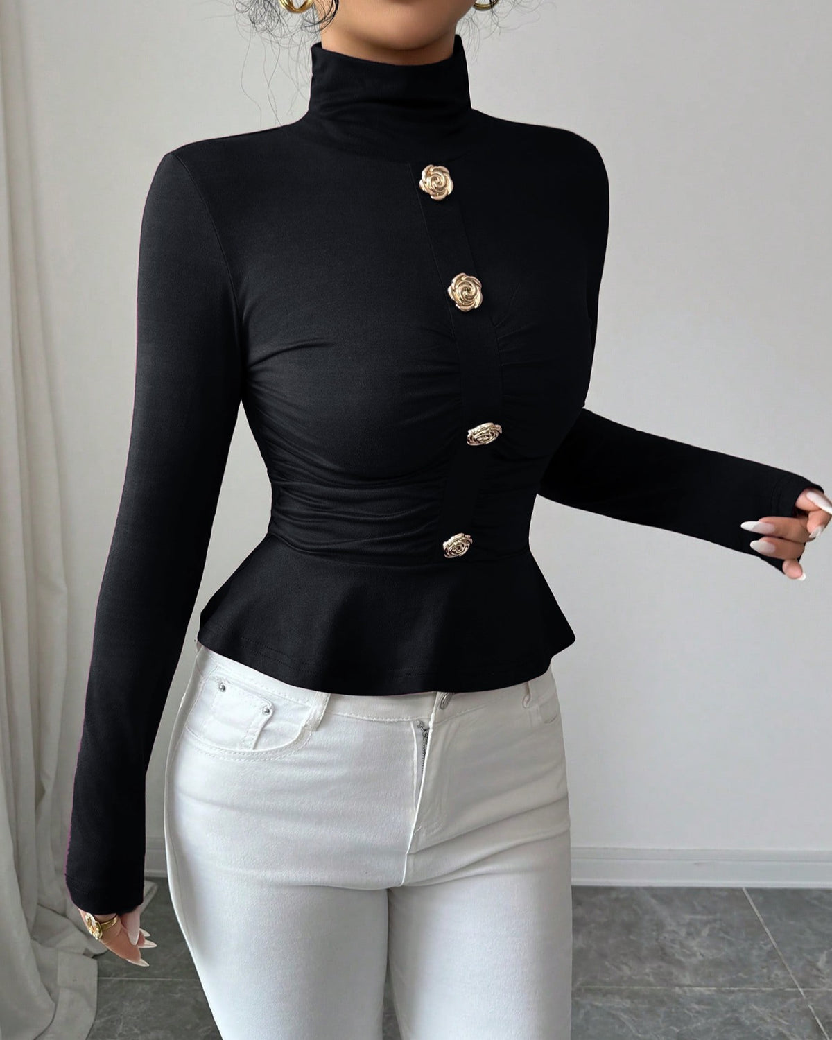 Buttoned Turtleneck Peplum Fitted Top - Black - 1