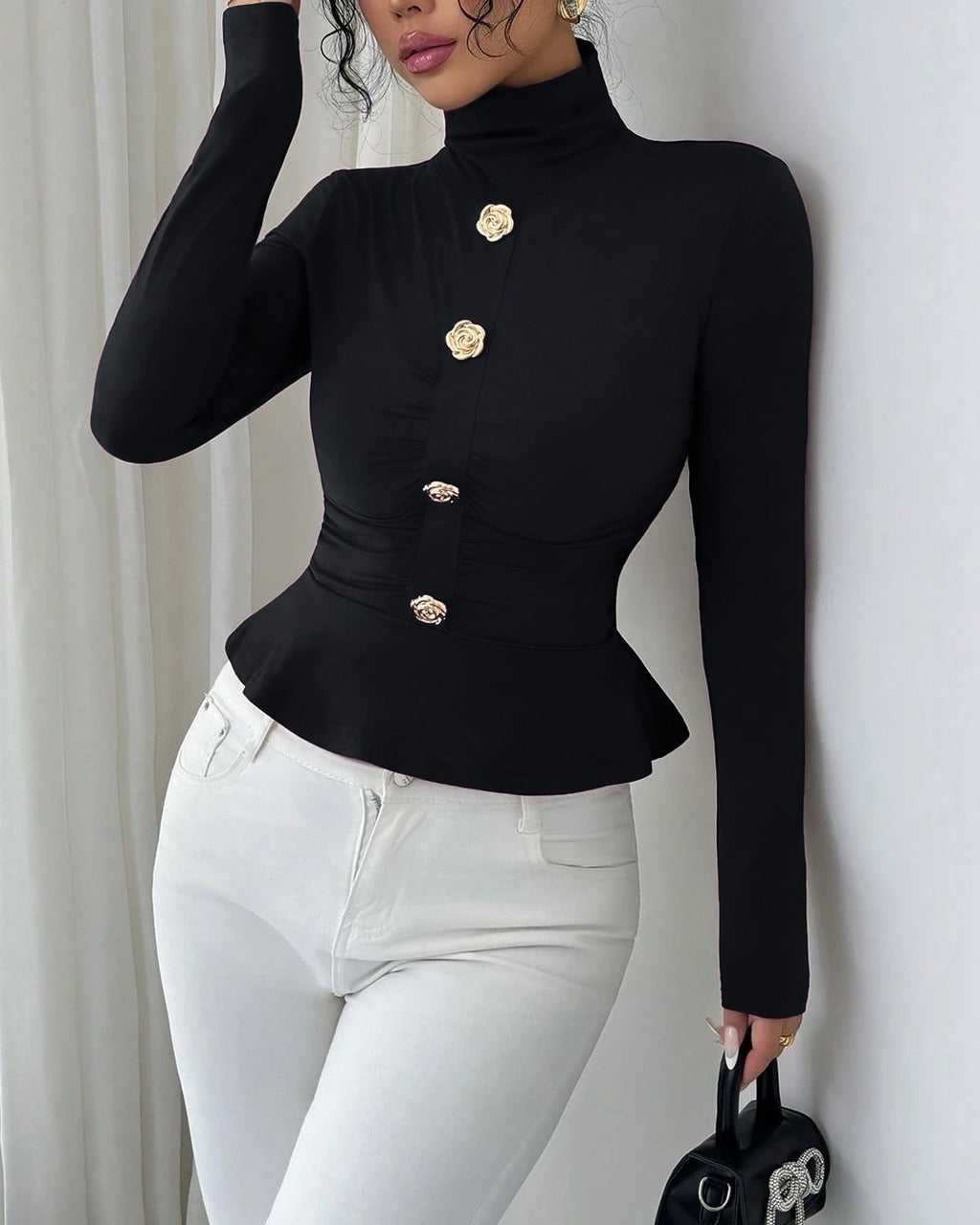 Buttoned Turtleneck Peplum Fitted Top - Black - 2