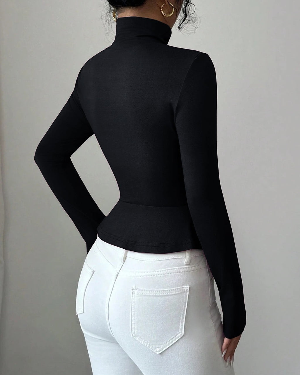 Buttoned Turtleneck Peplum Fitted Top - Black - 3
