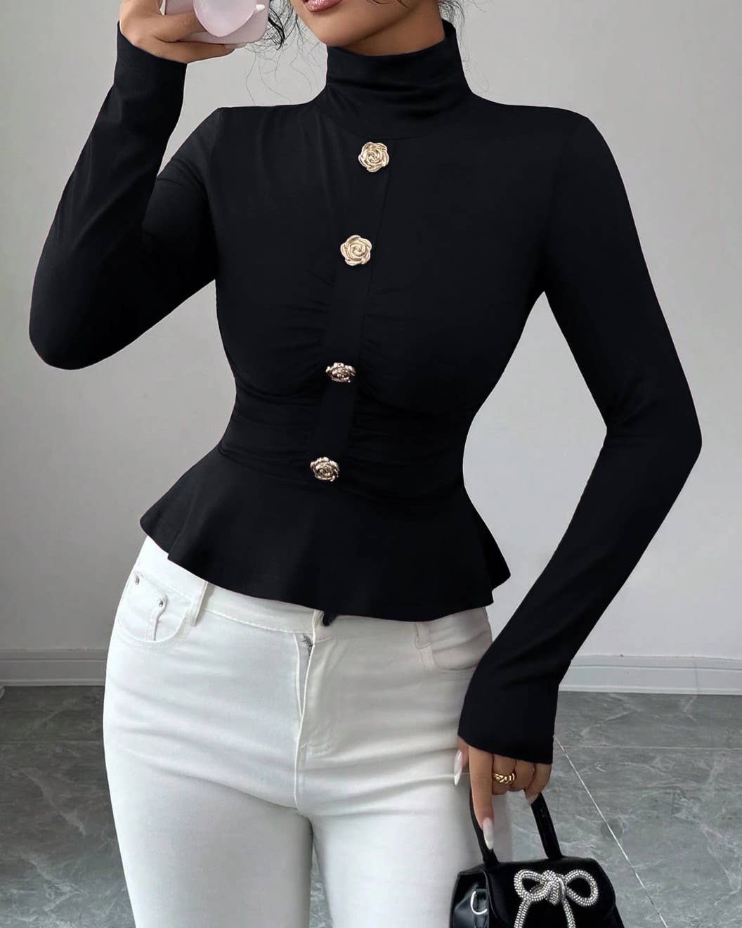 Buttoned Turtleneck Peplum Fitted Top