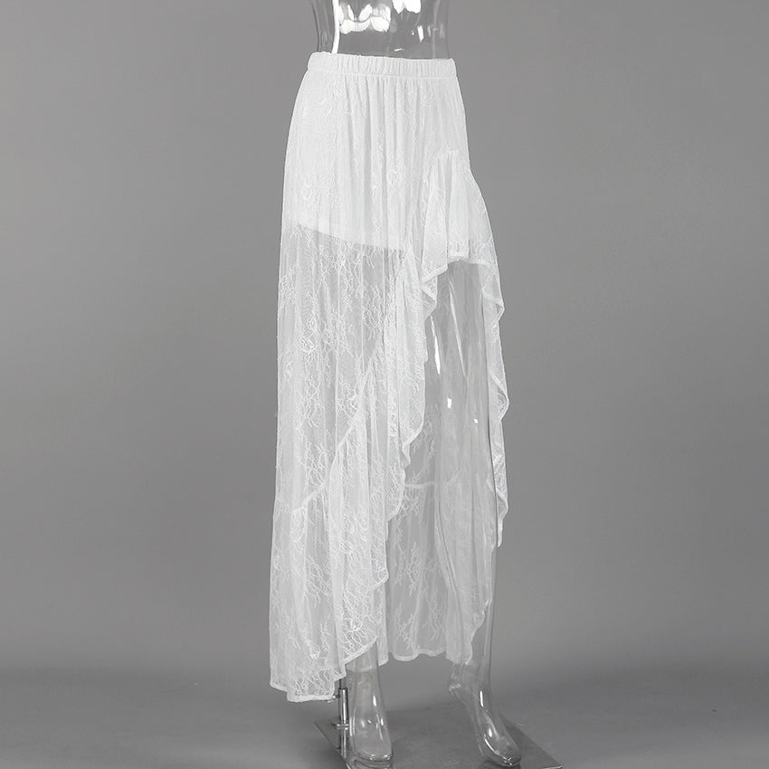 Tiered Lace Maxi Skirt With Side Slit - White - 1