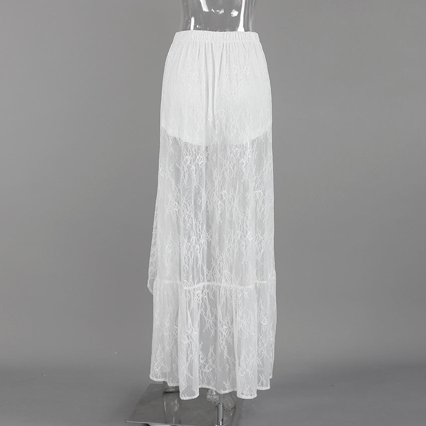 Tiered Lace Maxi Skirt With Side Slit - White - 2