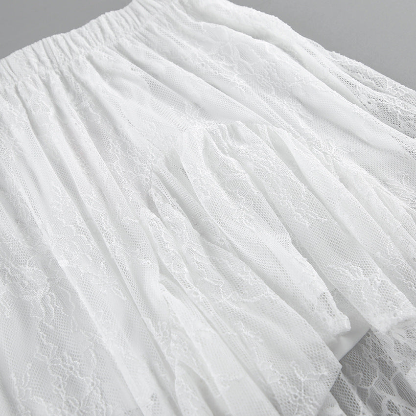 Tiered Lace Maxi Skirt With Side Slit - White - 3