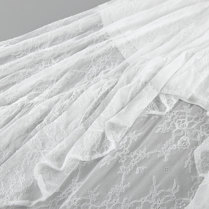Tiered Lace Maxi Skirt With Side Slit - White - 4