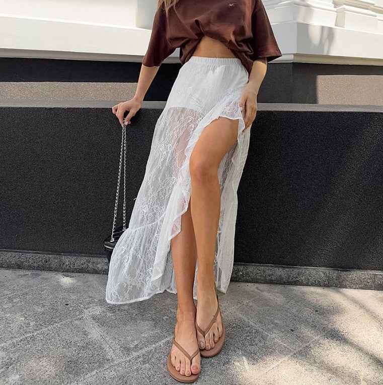 Tiered Lace Maxi Skirt With Side Slit - White - 5