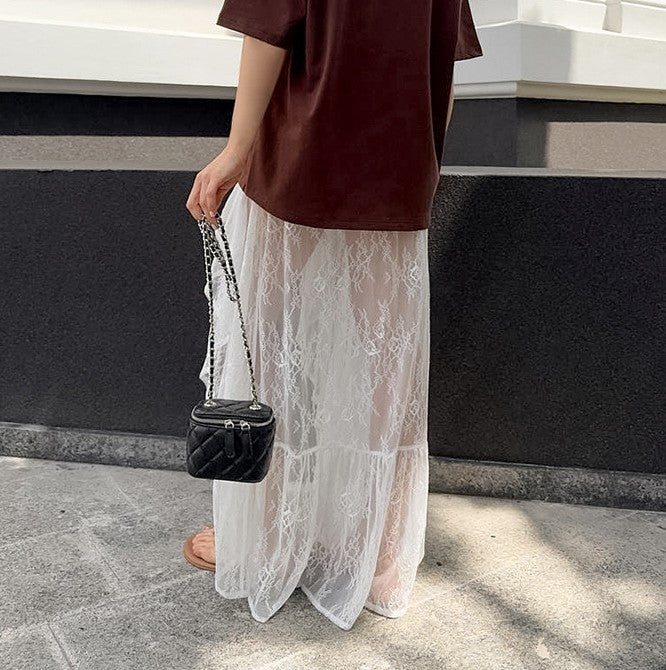 Tiered Lace Maxi Skirt With Side Slit - White - 6