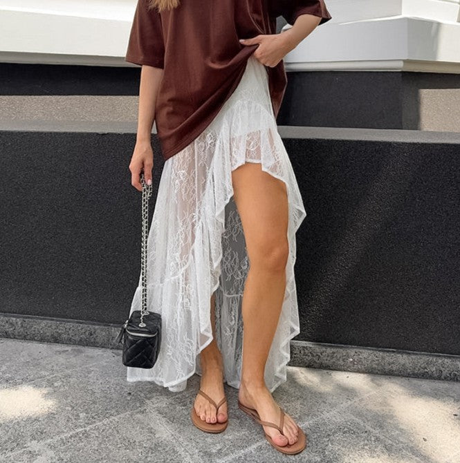 Tiered Lace Maxi Skirt With Side Slit - White - 7