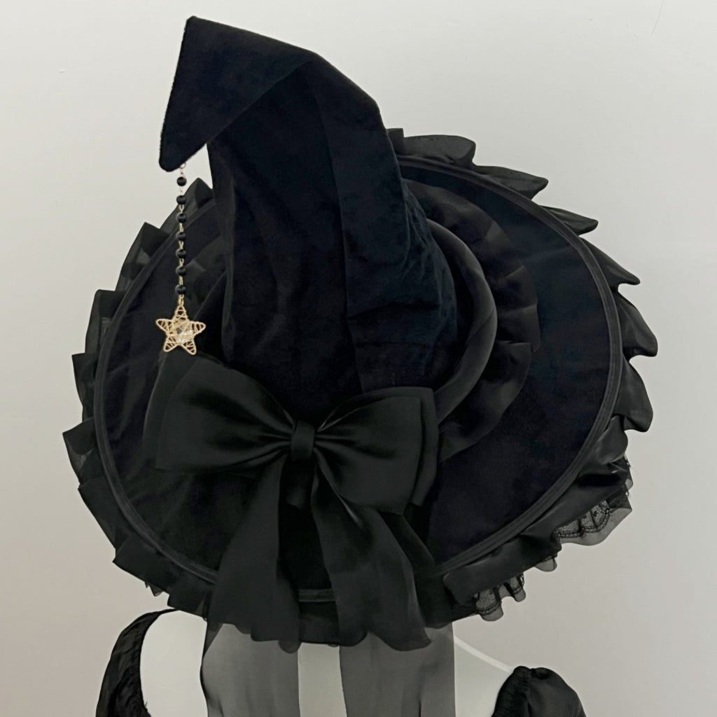 Ruffled Brim Witch Hat With Long Bow Tails - Black