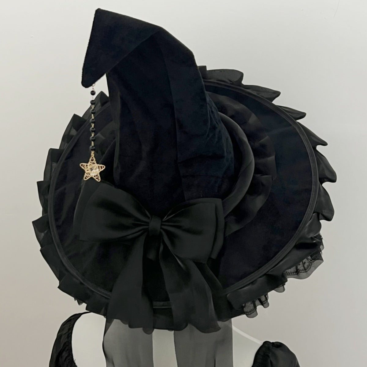Ruffled Brim Witch Hat With Long Bow Tails - Black