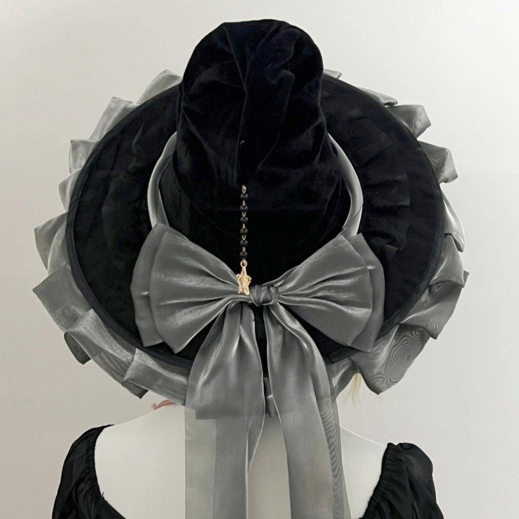 Ruffled Brim Witch Hat With Long Bow Tails - Grey