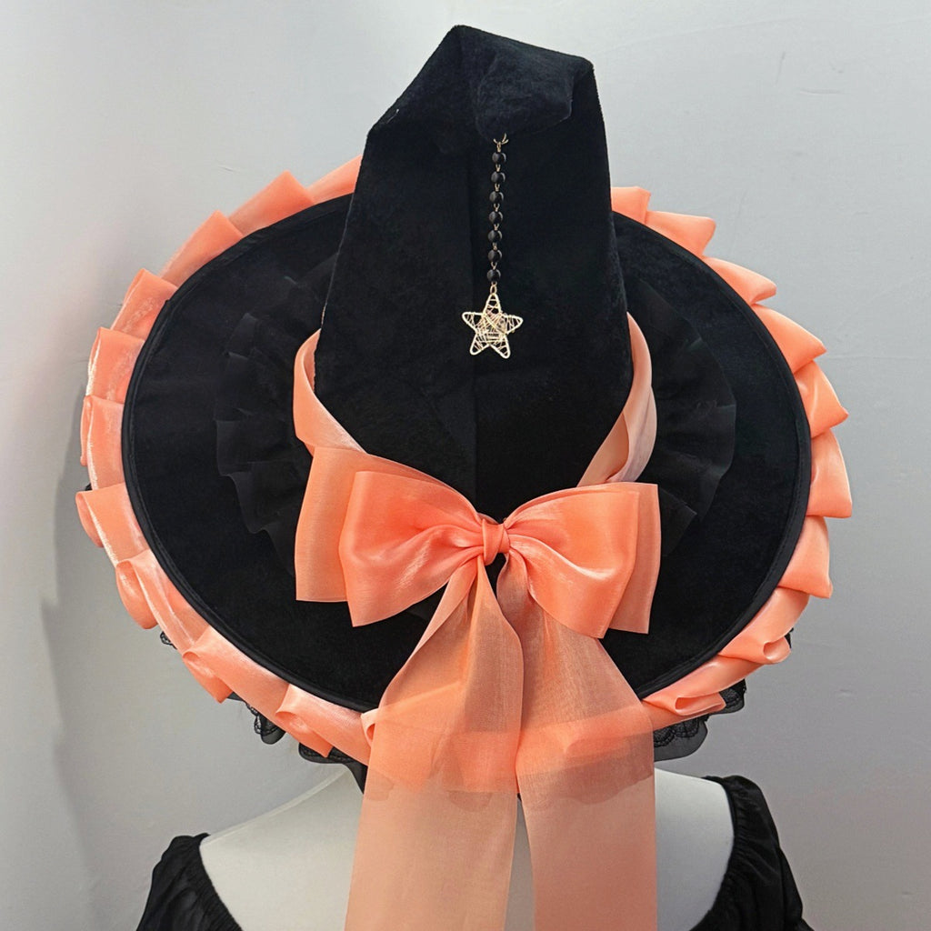 Ruffled Brim Witch Hat With Long Bow Tails - Orange