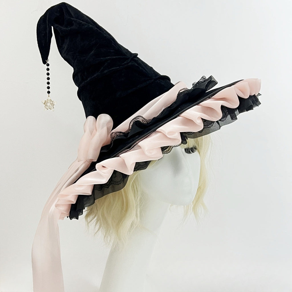 Ruffled Brim Witch Hat With Long Bow Tails - Pink - 1